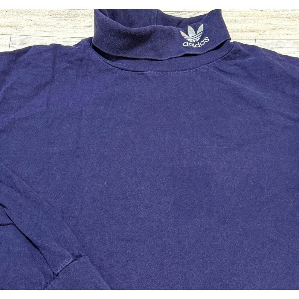 Vintage Adidas Trefoil Mock Neck Long Sleeve Shirt Navy Blue Mens XL 90s Retro